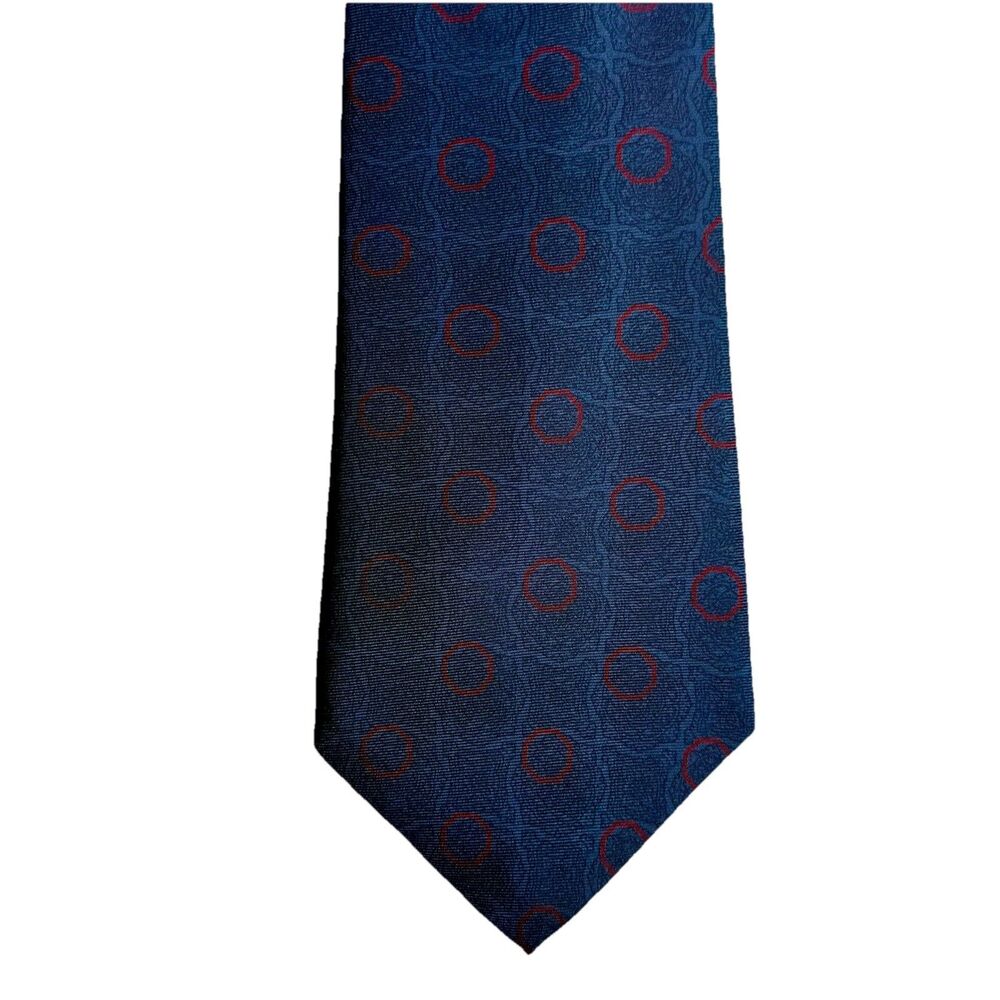 YVES SAINT LAURENT Men's Silk Tie -Dark Blue w/Red Circles Geometric 54.5"x3.75"